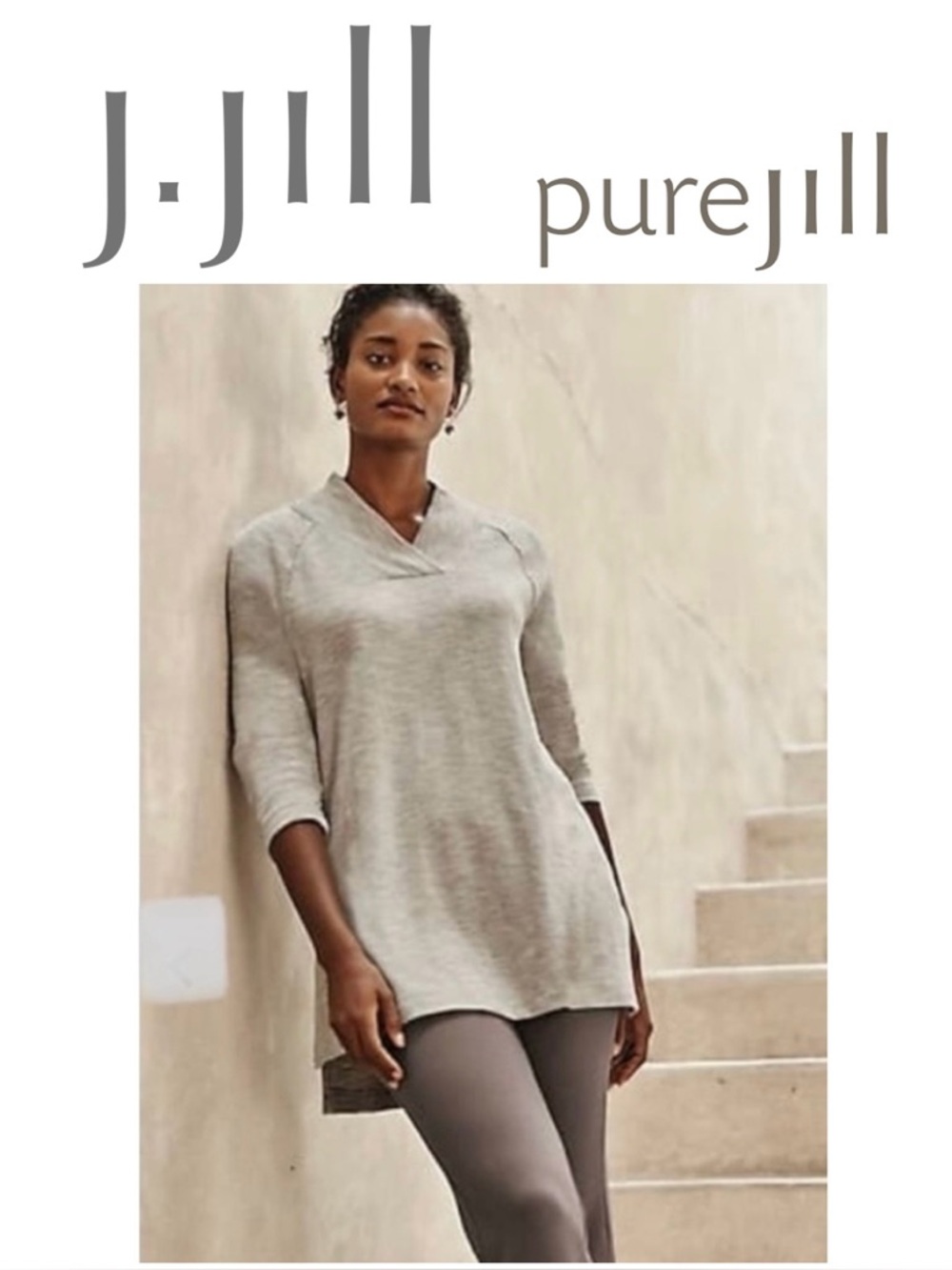 J. JILL PURE JILL Heather Gray V-Neck Pullover Top Sweater Tunic Womens Petite S